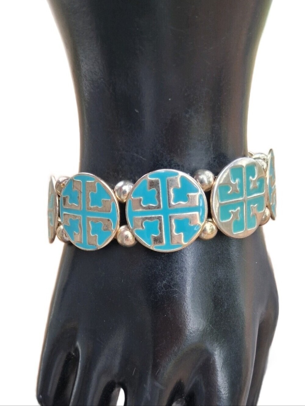 Rustic Cuff Turquoise Enamel Cross Logo Stretch Bracelet Gold Tone